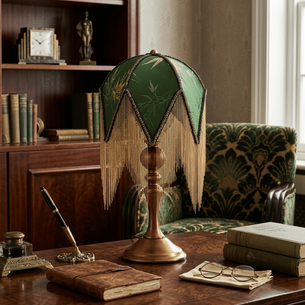 Table lamp with Fringes Walnut Wood Green Print E27 Ready-to-Plug Bohemian Styling Bedside Lamp Ambient Light Living Room | Sansoti