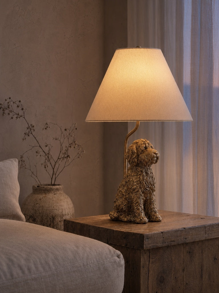 Dierenfiguur Tafellamp met Katoenen Kap – Klassieke Nachtkastlamp met Dierenmotief | Sansoti