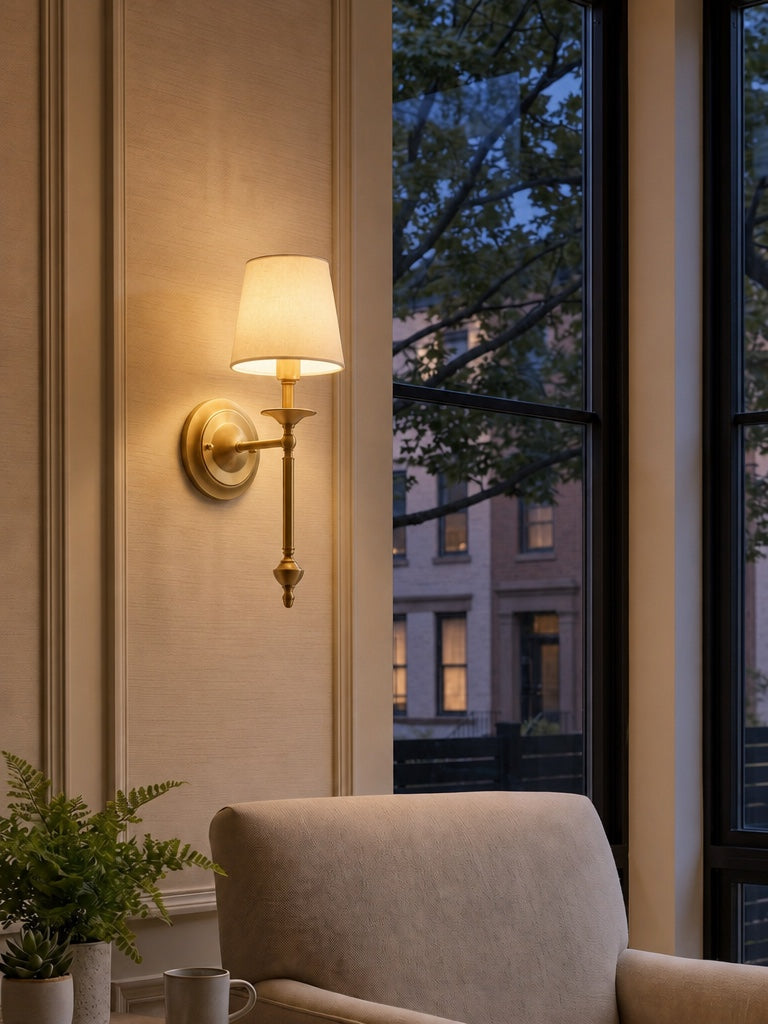Stoffen Wandlamp met Vintage Koperen Afwerking – Sfeervolle Verlichting voor Hal, Slaapkamer en Woonkamer | Sansoti