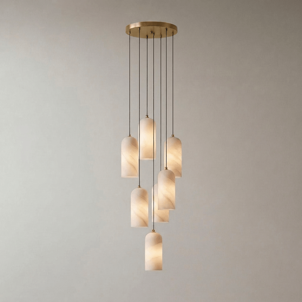 Alabasten Hanglamp met Gevlochten Snoer – Natuursteen Verlichting van Enkel Lichtpunt tot 21-Lichts Cluster – Mid-Century Modern Stijl Eetkamer Hanglamp met E12/E14 Fitting | Sansoti
