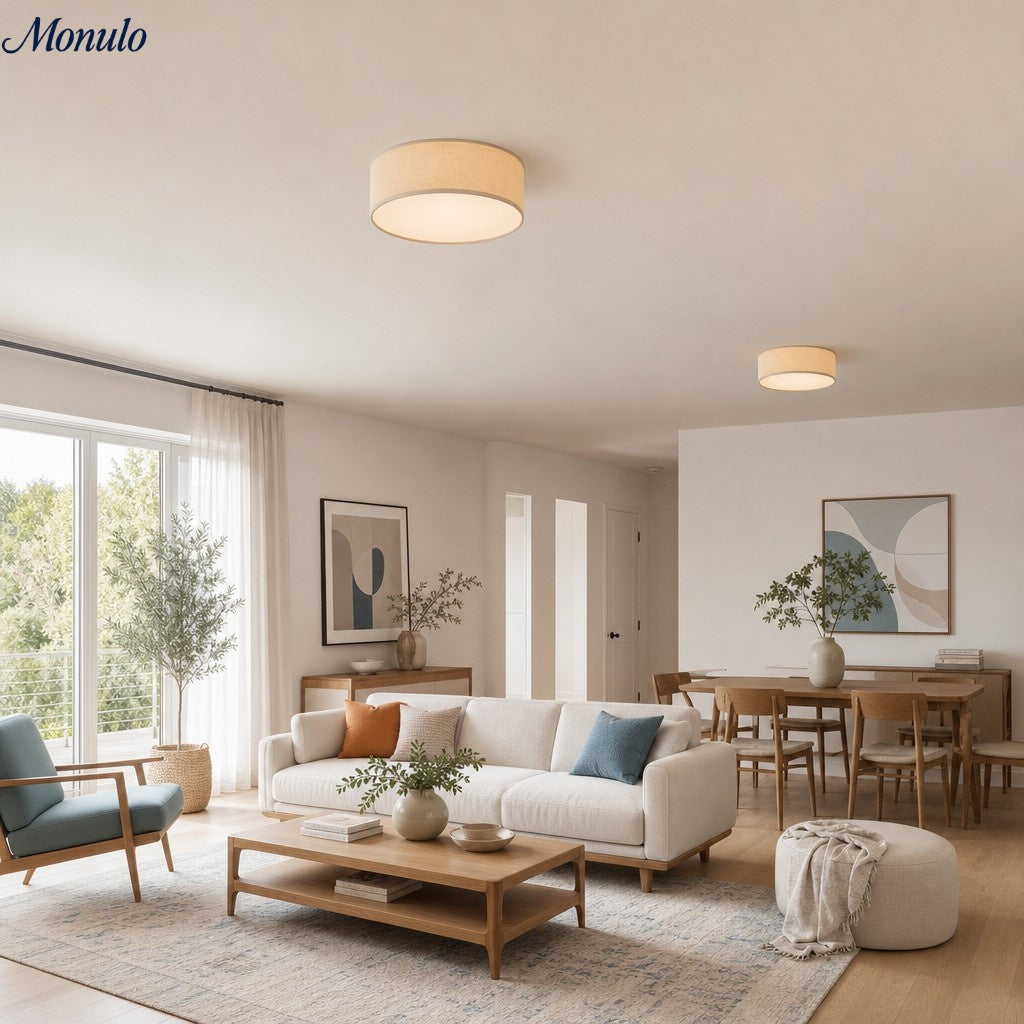 Plafondlamp met Linnen Kap – Drumvorm Ø30/45cm – Modern Scandinavisch Design – Elegante Verlichting Woonkamer Slaapkamer Eetkamer | Sansoti