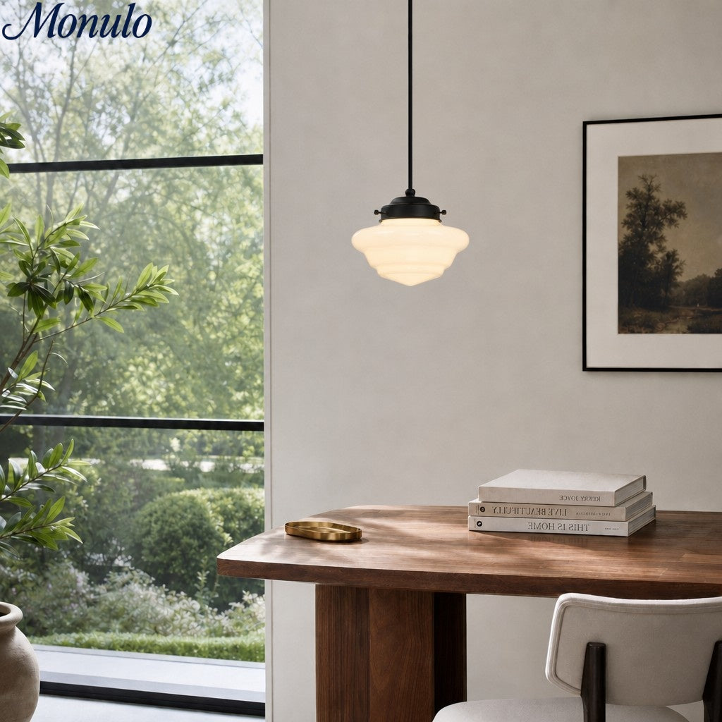 Vintage Art Deco Melkglas Hanglamp met Gestreepte Kap voor Eetkamer en Woonruimte | Sansoti