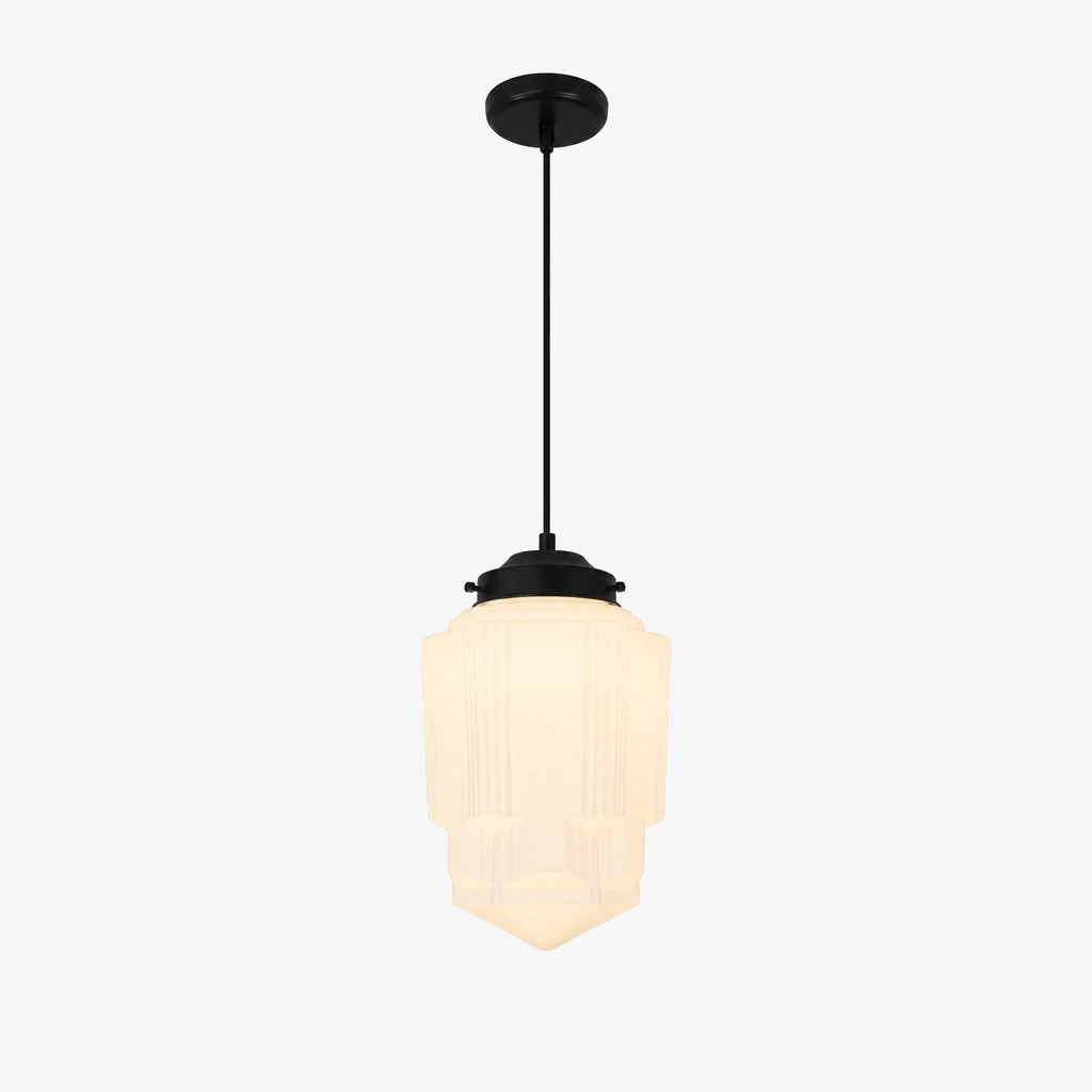 Vintage Art Deco Melkglas Hanglamp met Gestreepte Kap voor Eetkamer en Woonruimte | Sansoti