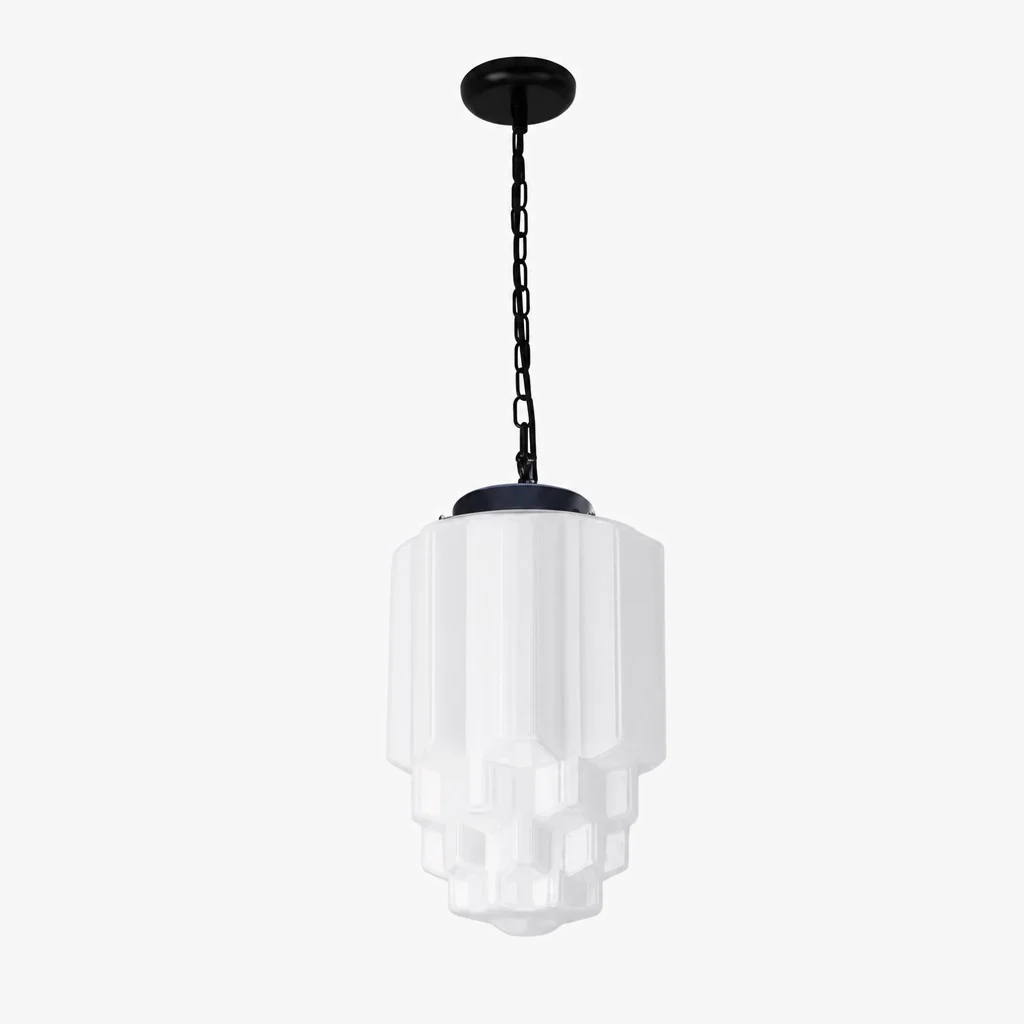 Vintage Art Deco Melkglas Hanglamp met Gestreepte Kap voor Eetkamer en Woonruimte | Sansoti