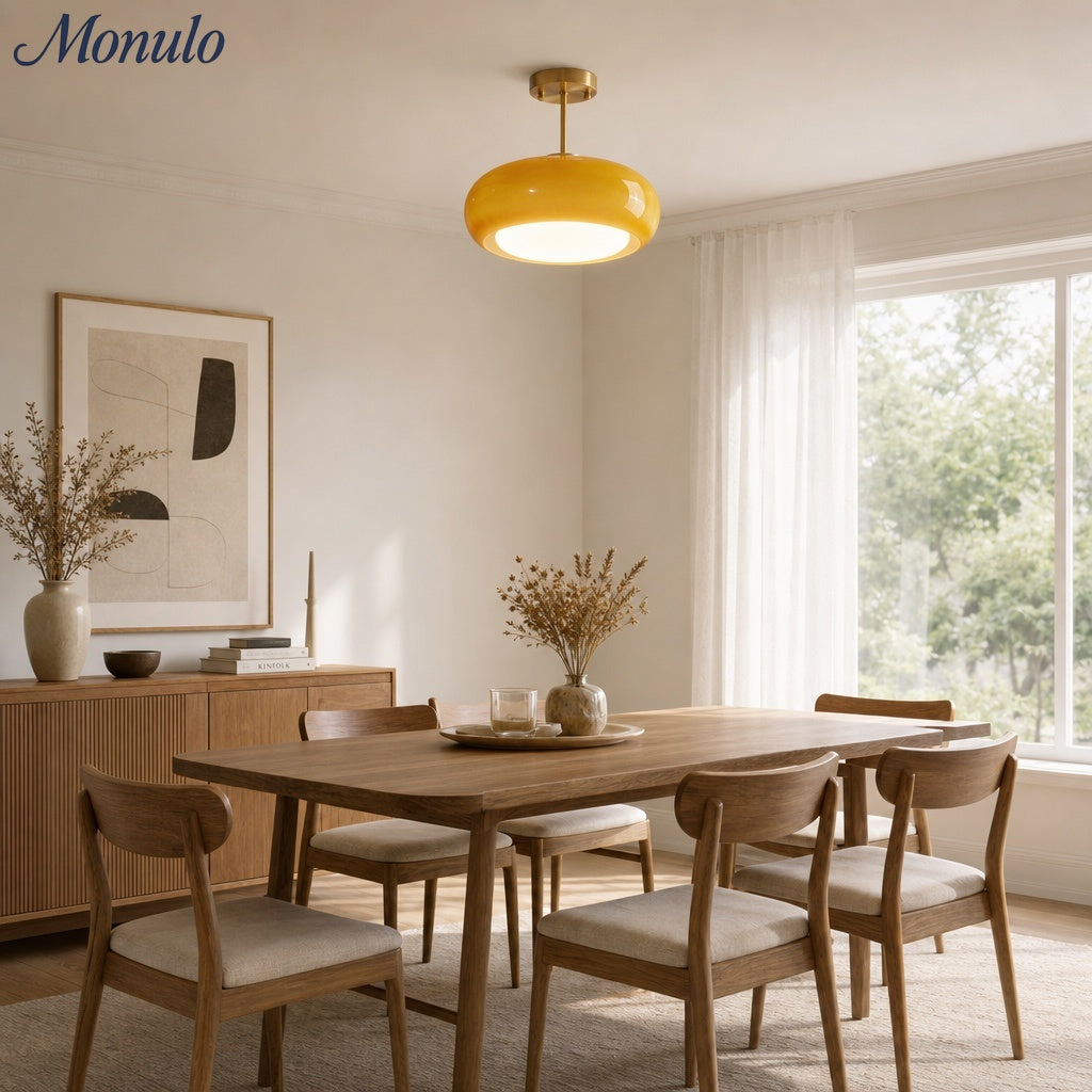 Plafondlamp Glazen Schijf Bauhaus Design Messing of Chroom Oranjegeel of Wit Glas Retro Stijlvolle Verlichting | Sansoti