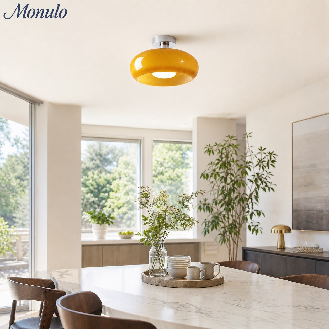 Plafondlamp Glazen Schijf Bauhaus Design Messing of Chroom Oranjegeel of Wit Glas Retro Stijlvolle Verlichting | Sansoti
