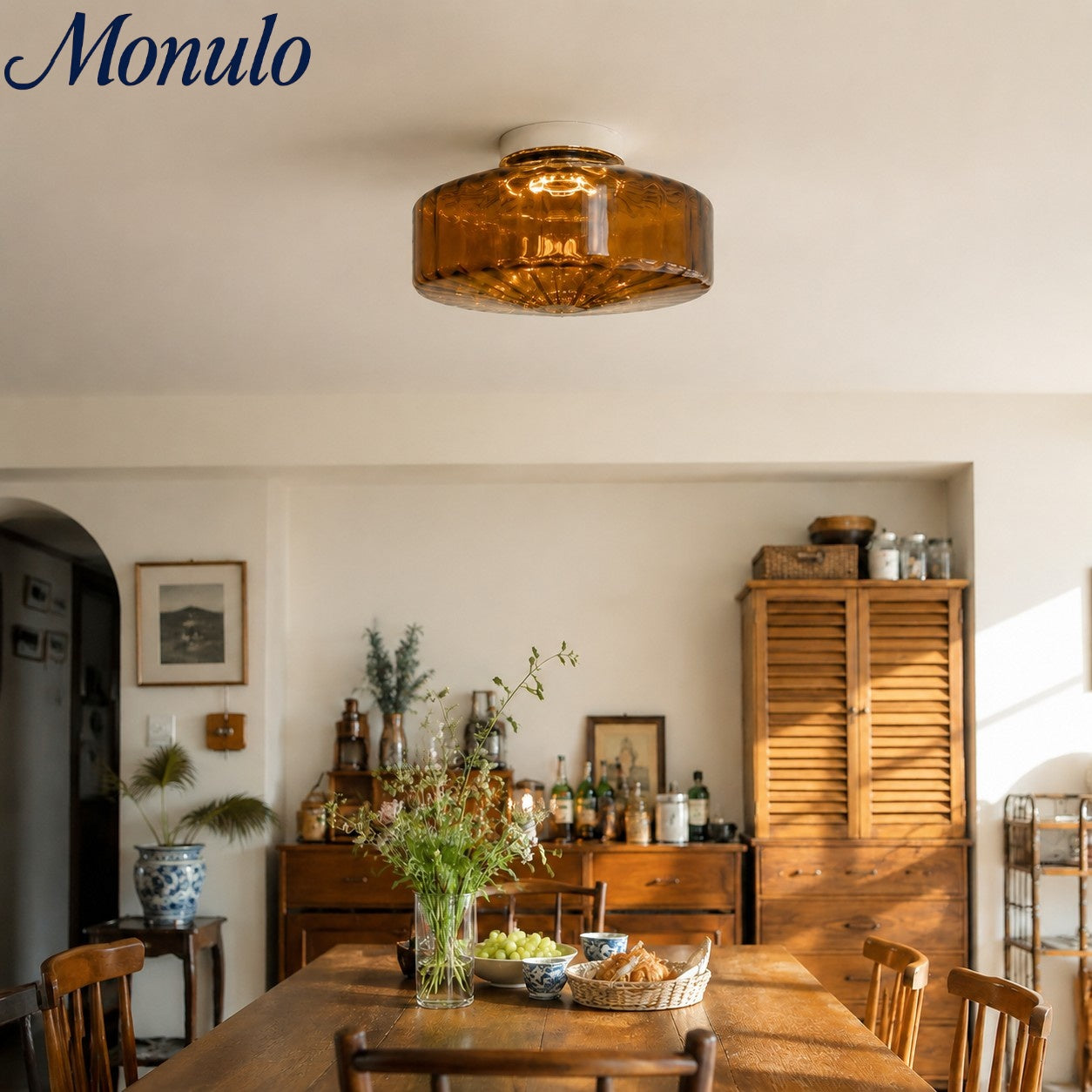 Vintage Geribbeld Glazen Plafondlamp Groen – Klassieke Verlichting voor Eetkamer, Entree & Gang | Sansoti