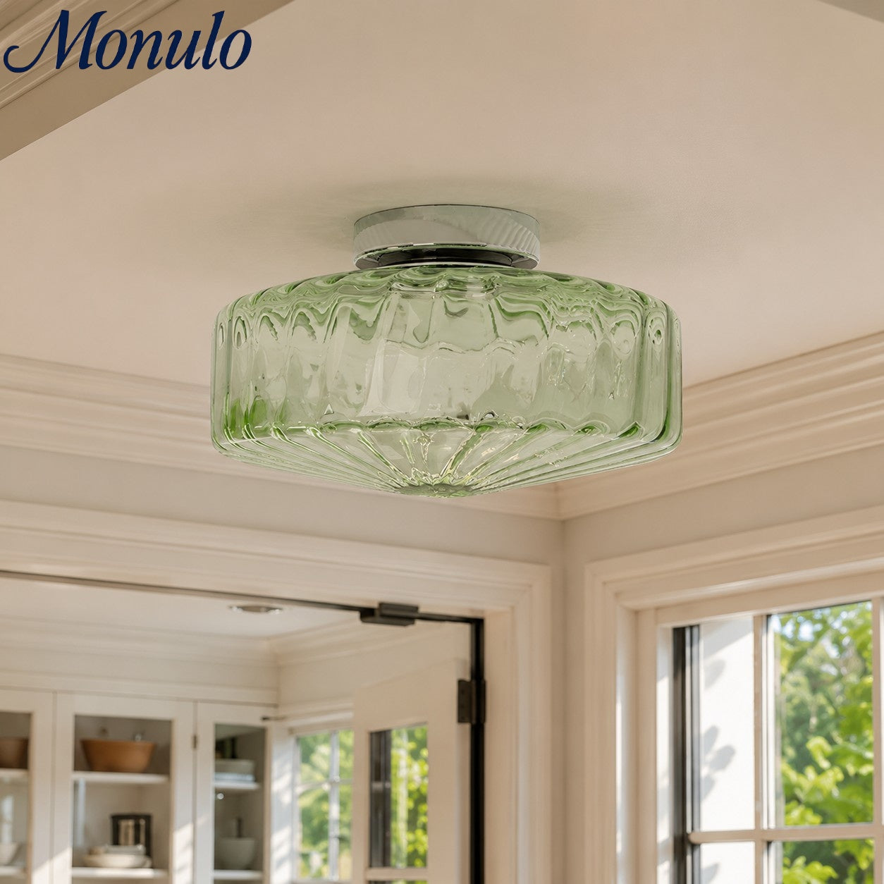 Vintage Geribbeld Glazen Plafondlamp Groen – Klassieke Verlichting voor Eetkamer, Entree & Gang | Sansoti
