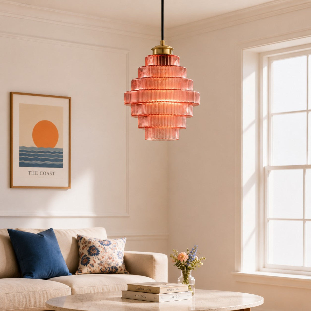 Ribbed Glass Pendant Light Layered Bottle Design E27 22cm Dining Area Ceiling Light Vintage Style Living Room | Sansoti