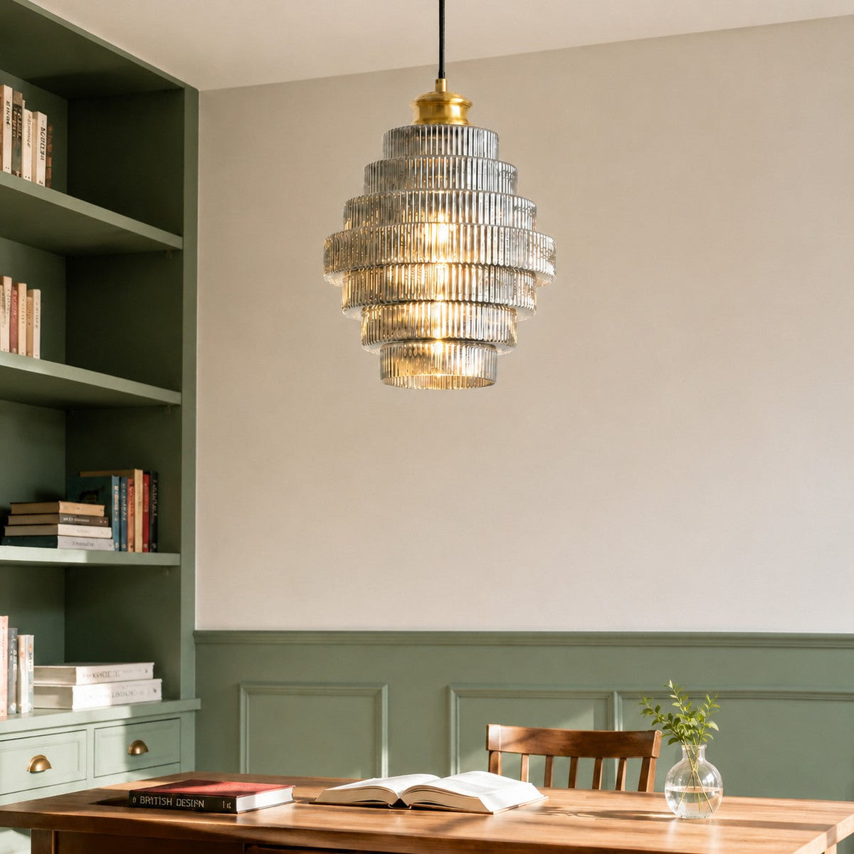 Ribbed Glass Pendant Light Layered Bottle Design E27 22cm Dining Area Ceiling Light Vintage Style Living Room | Sansoti