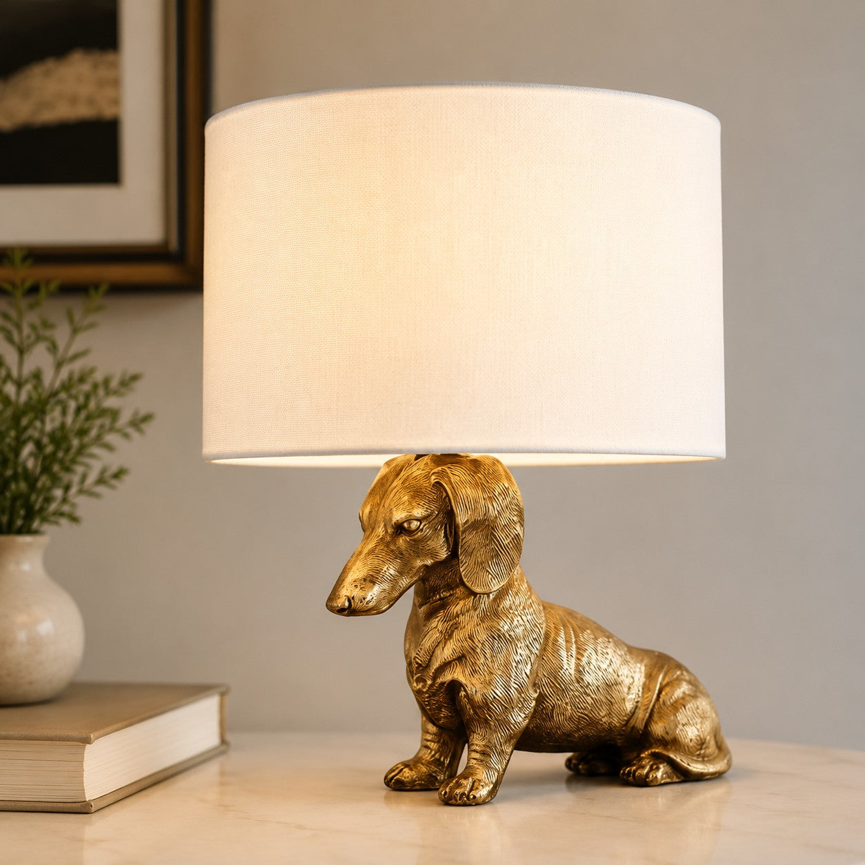 Dierenfiguur Tafellamp met Katoenen Kap – Klassieke Nachtkastlamp met Dierenmotief | Sansoti