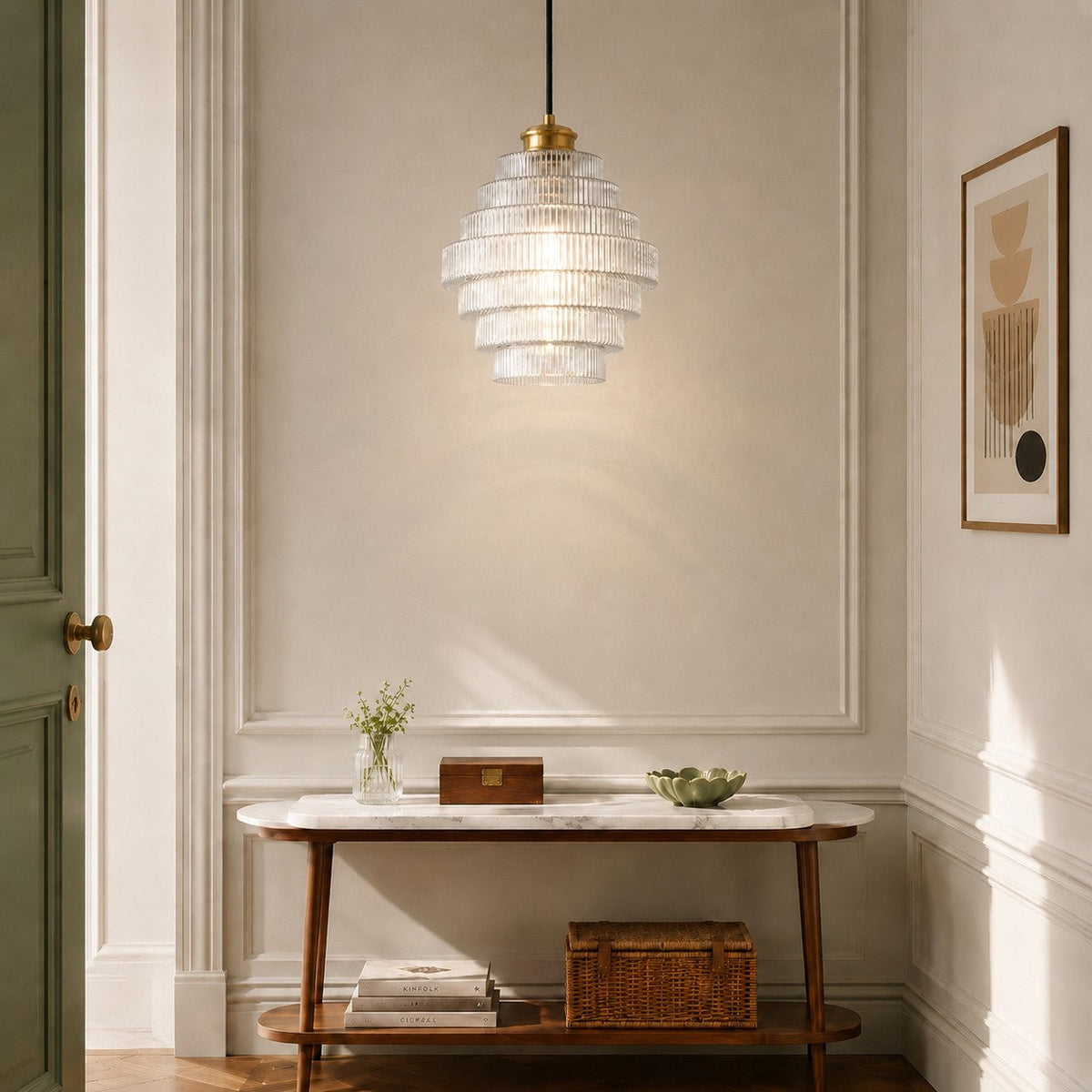Ribbed Glass Pendant Light Layered Bottle Design E27 22cm Dining Area Ceiling Light Vintage Style Living Room | Sansoti