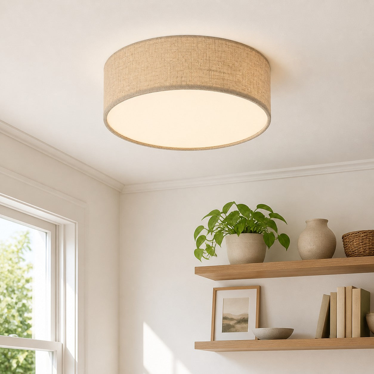 Plafondlamp met Linnen Kap – Drumvorm Ø30/45cm – Modern Scandinavisch Design – Elegante Verlichting Woonkamer Slaapkamer Eetkamer | Sansoti