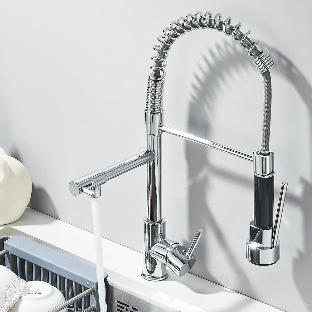 Robinet de cuisine extensible chromé à bec orientable, eau chaude et froide, douchette flexible, mitigeur de cuisine | Sansoti