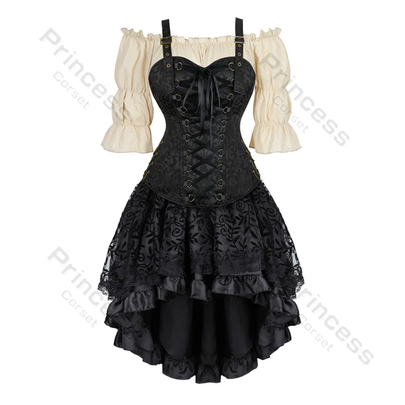 Pirate Corset Costume Set Faux Leather Off-Shoulder Blouse Layered Skirt Steampunk Gothic Halloween Costume | Sansoti