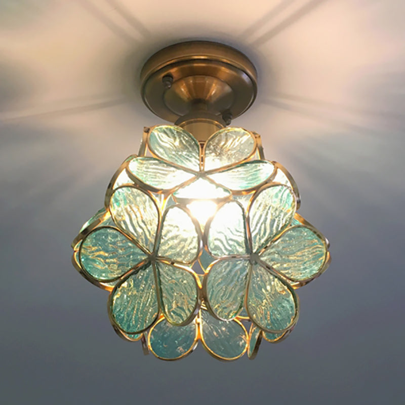 Glazen Plafondlamp met Bloemmotief – Vintage Glas-in-Lood Stijl – 8 inch – Roze/Blauw/Groen/Helder – Retro Semi-Flush Plafondverlichting voor Hal en Gang | Sansoti