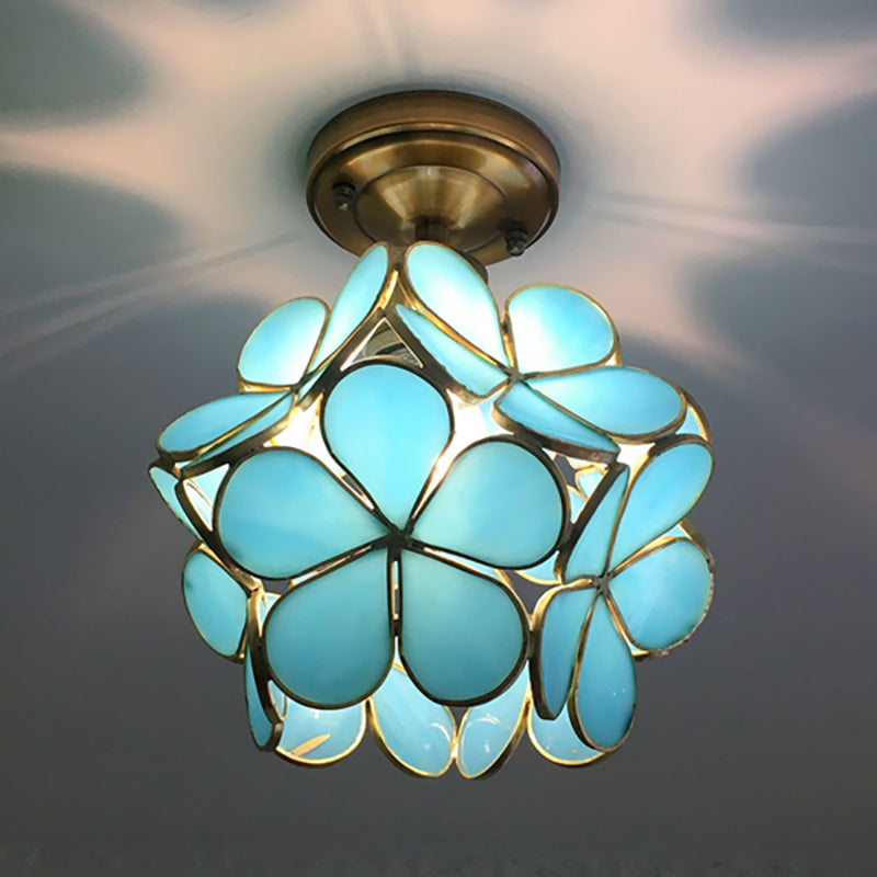 Glazen Plafondlamp met Bloemmotief – Vintage Glas-in-Lood Stijl – 8 inch – Roze/Blauw/Groen/Helder – Retro Semi-Flush Plafondverlichting voor Hal en Gang | Sansoti