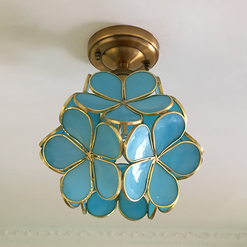 Glazen Plafondlamp met Bloemmotief – Vintage Glas-in-Lood Stijl – 8 inch – Roze/Blauw/Groen/Helder – Retro Semi-Flush Plafondverlichting voor Hal en Gang | Sansoti