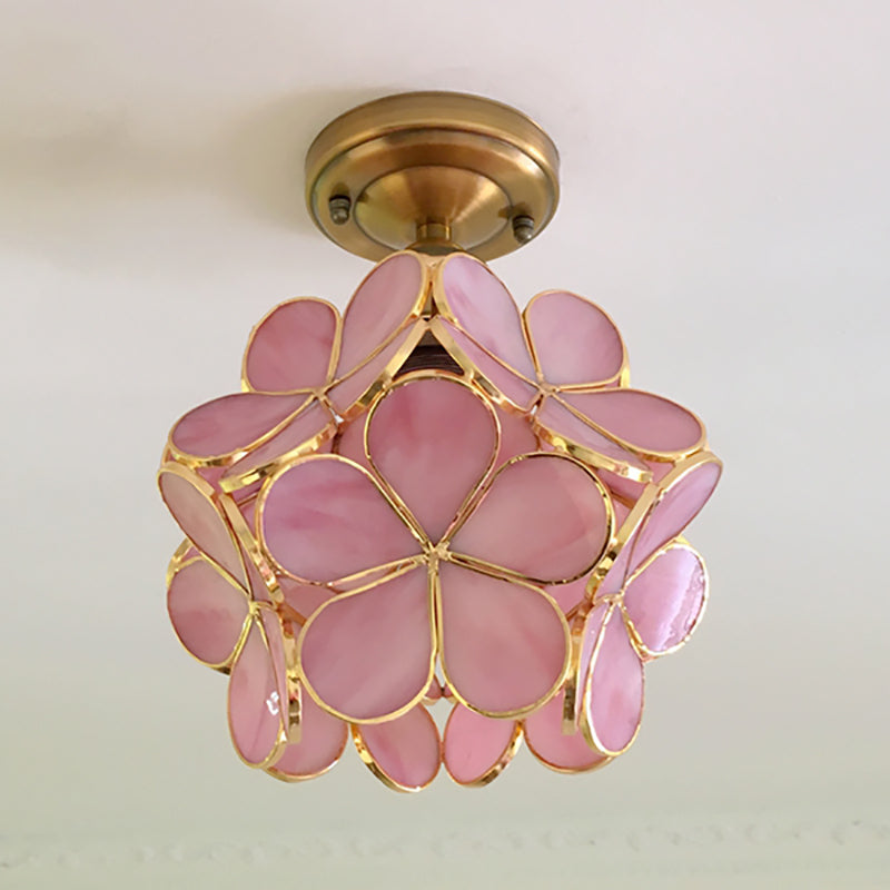 Glazen Plafondlamp met Bloemmotief – Vintage Glas-in-Lood Stijl – 8 inch – Roze/Blauw/Groen/Helder – Retro Semi-Flush Plafondverlichting voor Hal en Gang | Sansoti
