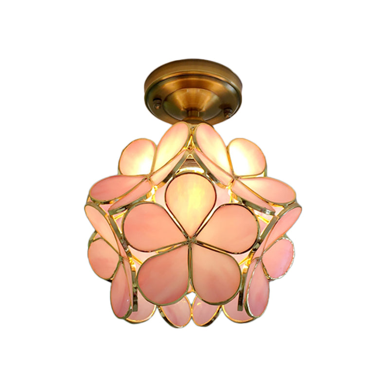 Glazen Plafondlamp met Bloemmotief – Vintage Glas-in-Lood Stijl – 8 inch – Roze/Blauw/Groen/Helder – Retro Semi-Flush Plafondverlichting voor Hal en Gang | Sansoti