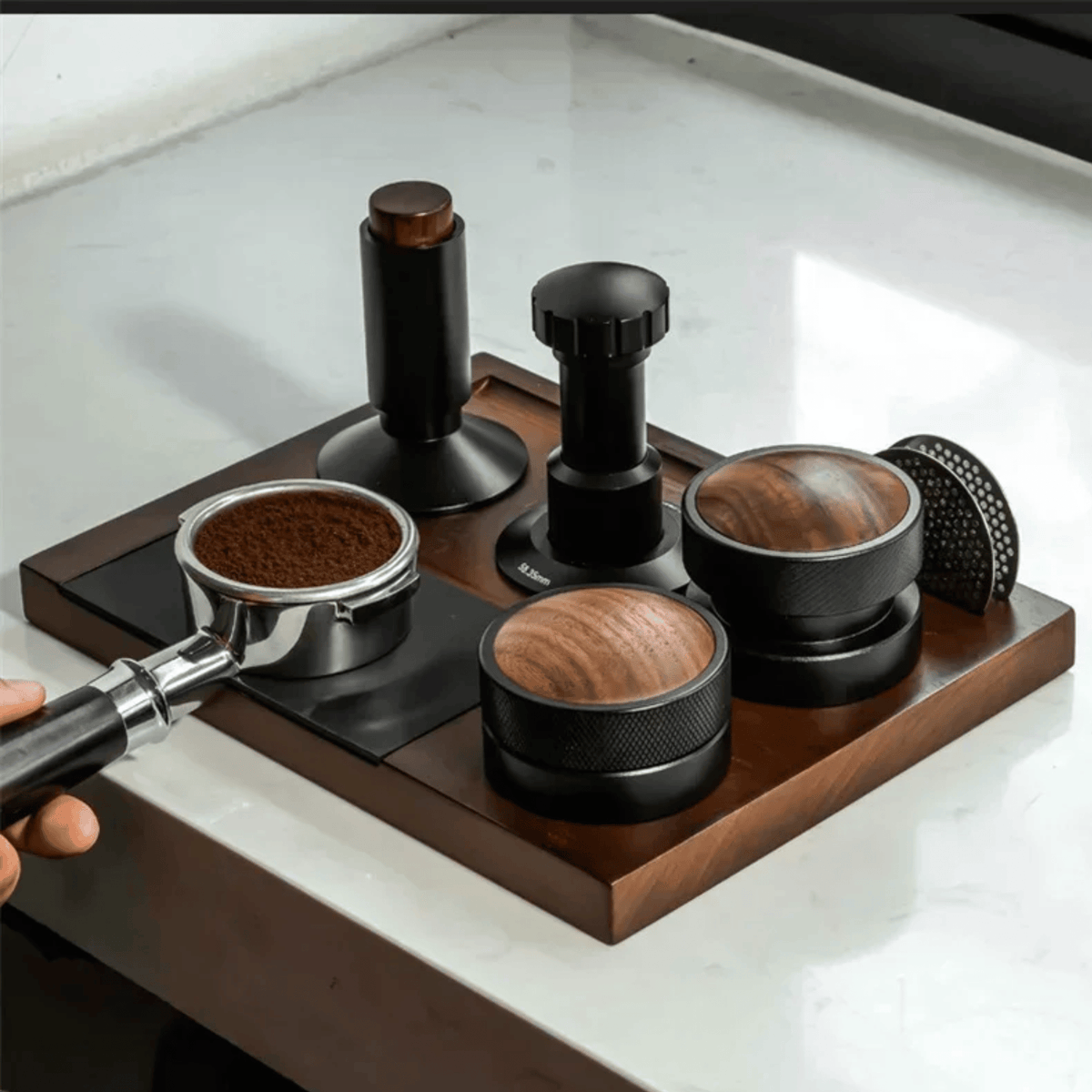 Espresso-Arbeitsstation aus Holz mit Tamperhalter und Schublade zur Kaffeeorganisation für Zuhause Barista-Zubehör | Sansoti