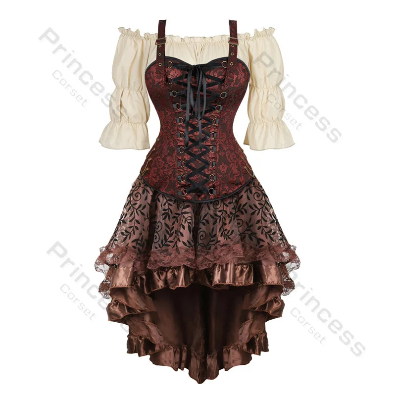Pirate Corset Costume Set Faux Leather Off-Shoulder Blouse Layered Skirt Steampunk Gothic Halloween Costume | Sansoti