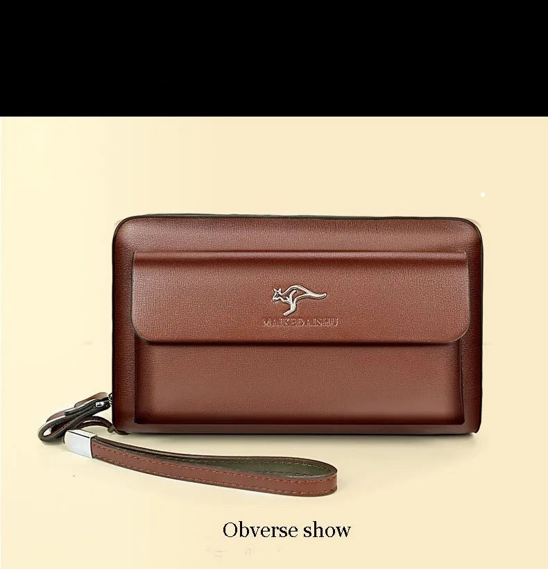 Pochette compacte pour homme avec dragonne, noir et marron, similicuir, compartiments, porte-cartes, portefeuille, organiseur, fermeture éclair | Sansoti