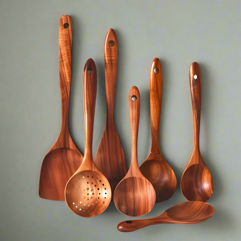 Ensemble d’ustensiles de cuisine en teck antibactérien - Ustensiles de cuisine durables, spatule et cuillère pour cuire dans des poêles antiadhésives | Sansoti