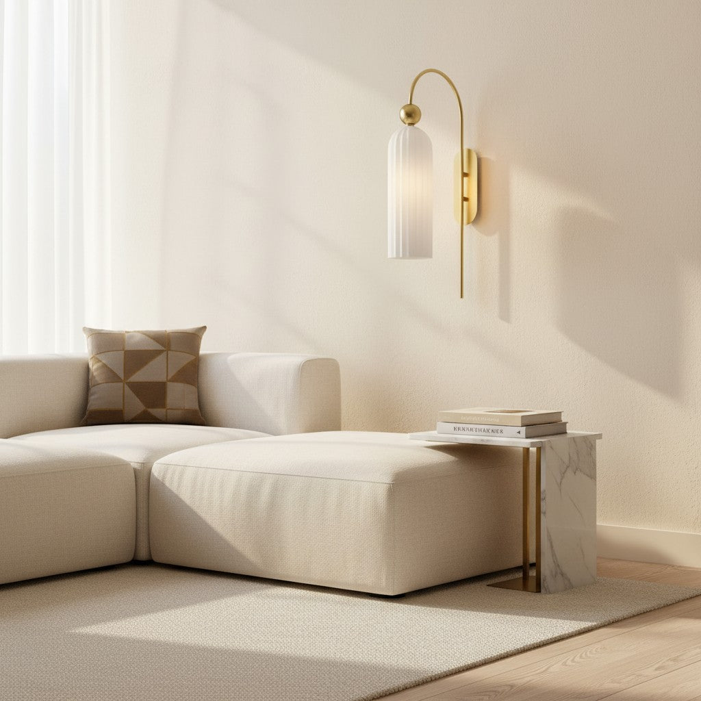Geribbelde Glazen Wandlamp Cilindervorm met Gouden Fitting voor Gang, Slaapkamer, Woonkamer | Sansoti