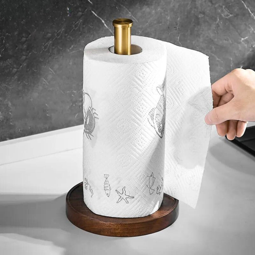 Küchenrollenhalter aus Walnussholz mit Messingständer, freistehendes Küchenaccessoire, langlebiges skandinavisches Design | Sansoti