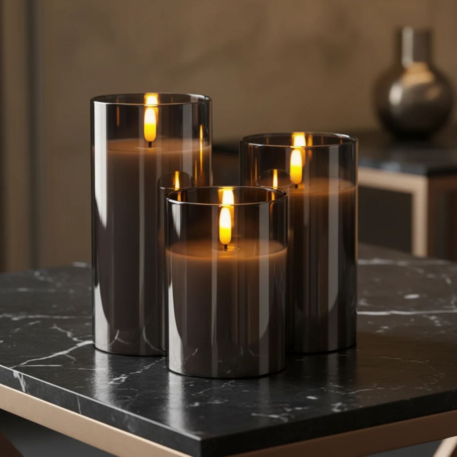 Bougies LED avec télécommande verre noir éclairage d’ambiance set minuterie intérieur moderne salon chambre décoration effet flamme réaliste | Restfield