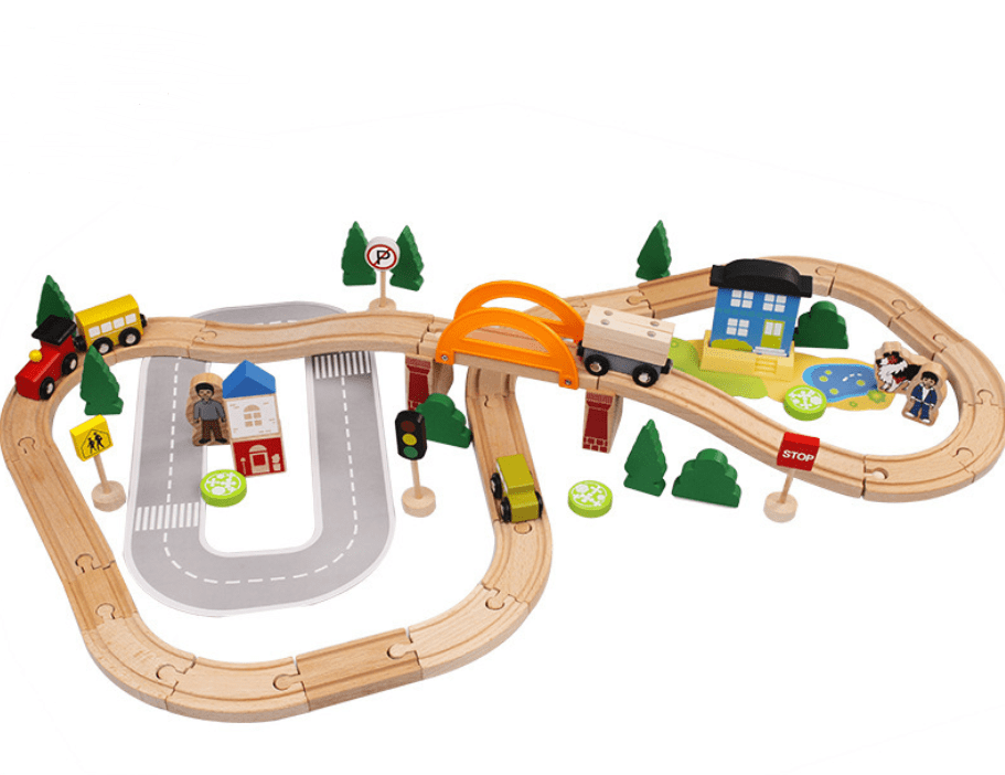 Circuit de train en bois avec rails, 78 pièces, jouet avec boîte de rangement incluse, jeu de construction éducatif pour enfants dès 3 ans | Sansoti