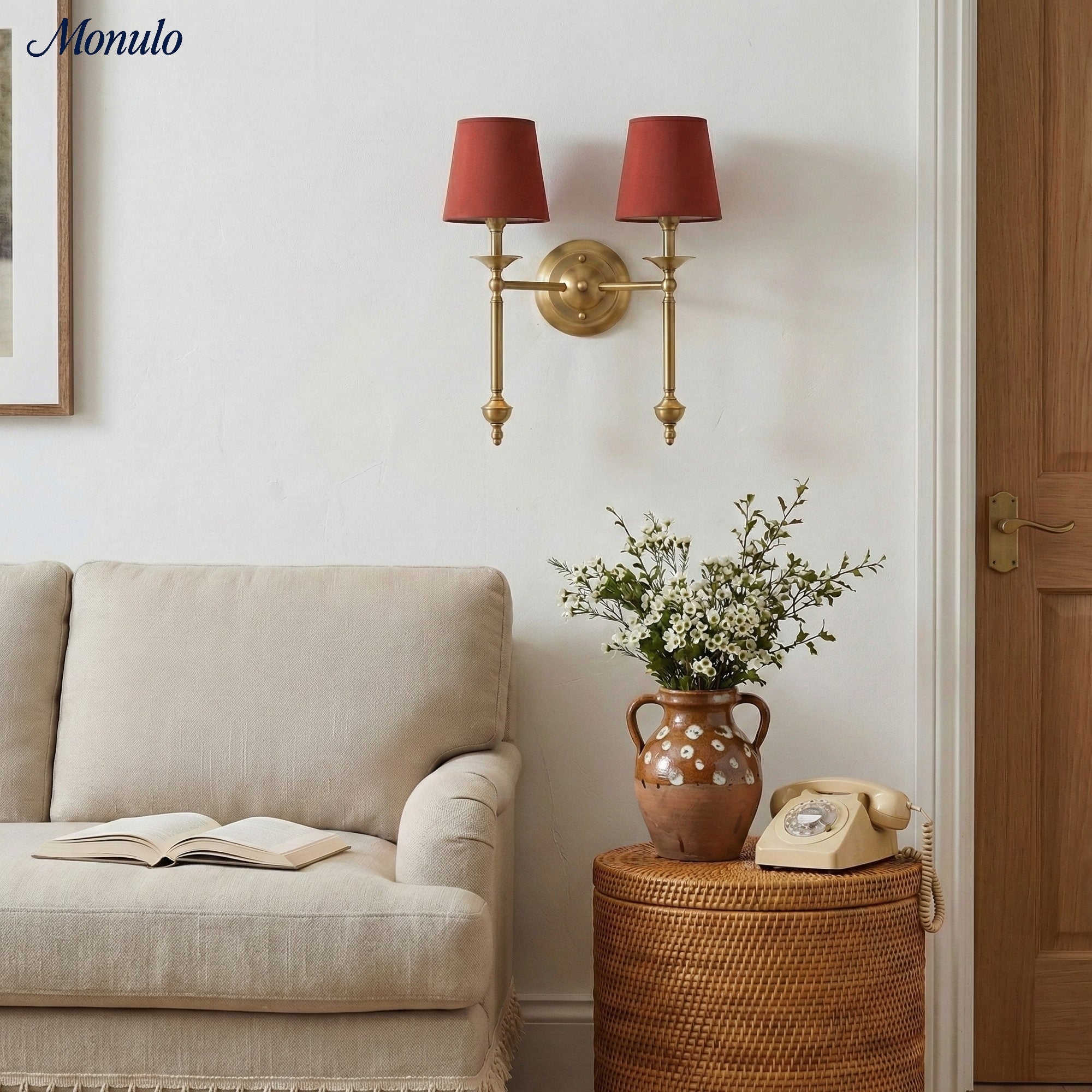 Stoffen Wandlamp met Vintage Koperen Afwerking – Sfeervolle Verlichting voor Hal, Slaapkamer en Woonkamer | Sansoti