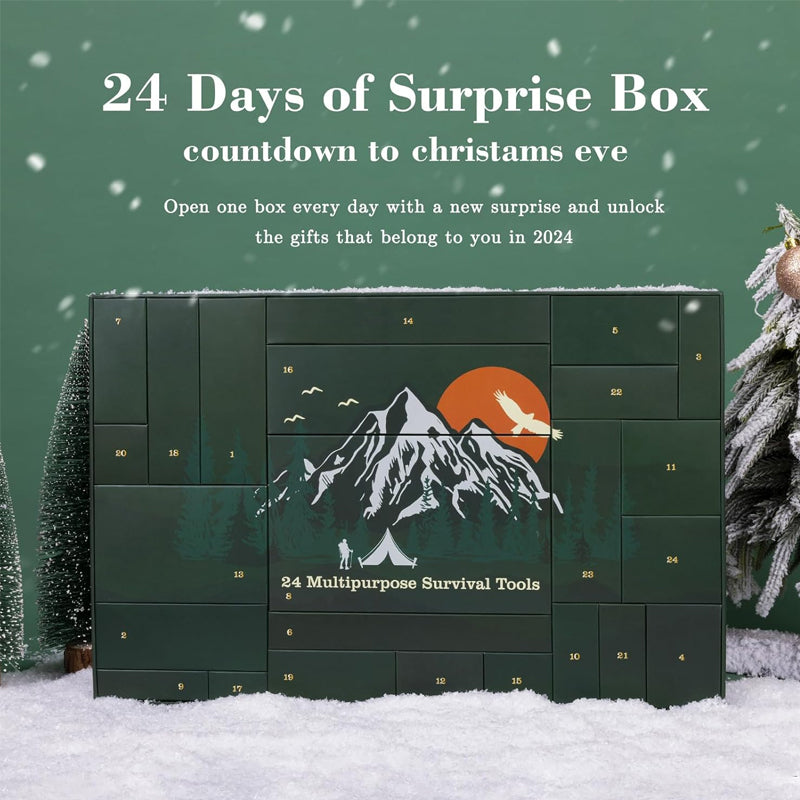 Adventskalender mit Überlebenswerkzeugen, 24 Türchen, Outdoor-, Camping-, Wander- und Survival-Set, Weihnachtsdekoration | Sansoti