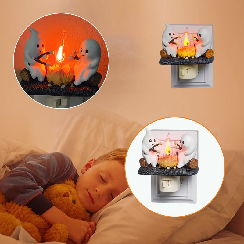 Spookje met Kampvuur Nachtlampje LED Flikkerlicht Kinderkamer Decoratief Halloween Sfeer Sfeerlamp Warm Licht | Sansoti