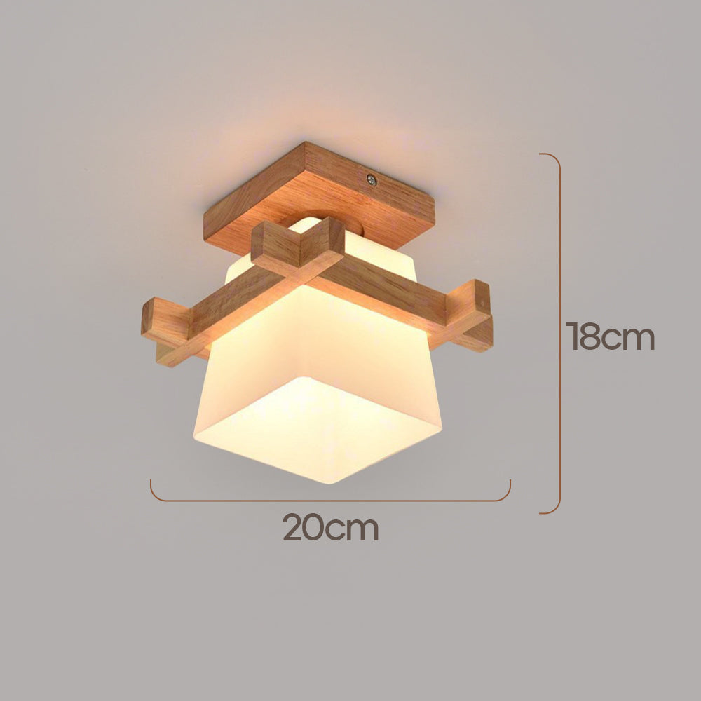 LED Deckenleuchte Holz E27 Weiß Japandi Flur Schlafzimmer Wohnzimmer 20 cm quadratische Deckenleuchte Japanischer Stil | Restfield