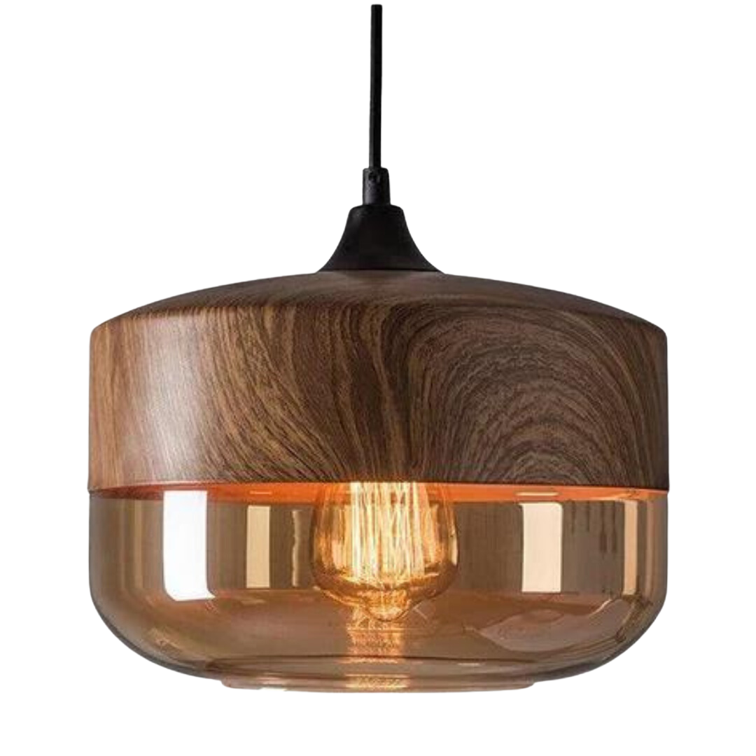 Scandinavische Hanglamp met Glazen Kap – Dimbaar Plafondlicht met Houtafwerking | Sansoti