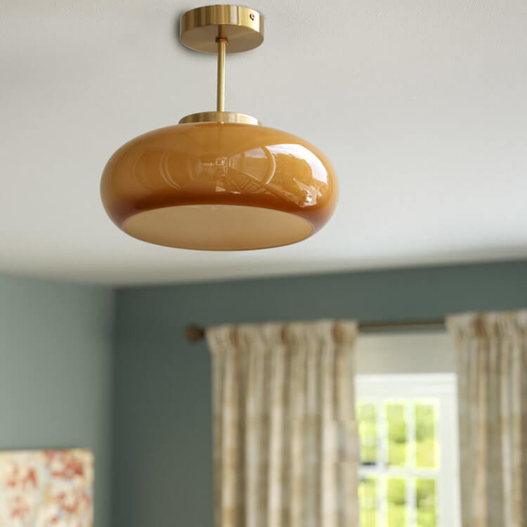 Vintage Plafondlamp van Geel Glas met Messing | Semi-Flush LED Plafondverlichting | Sansoti