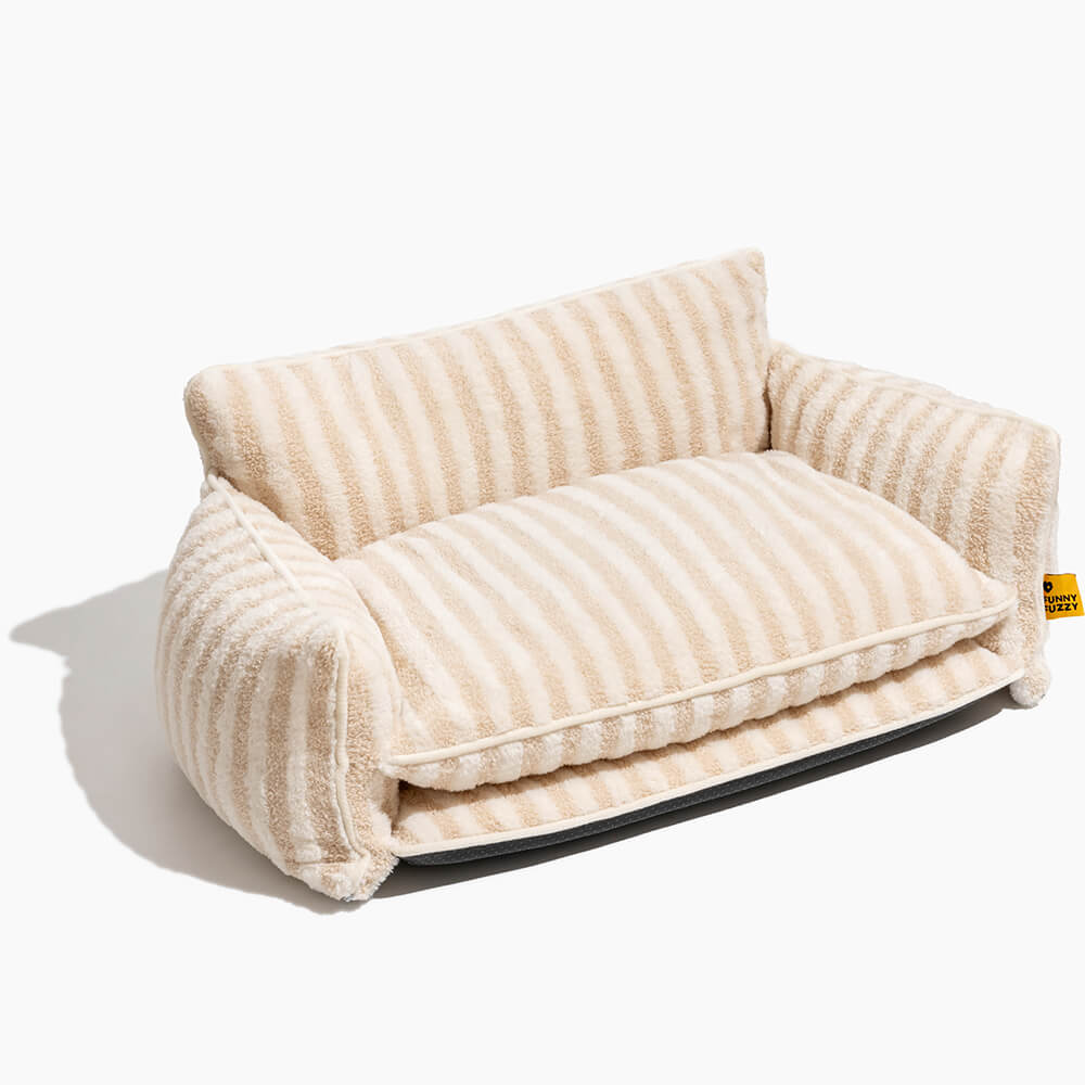 Gestreepte Pluche Hondenbed Tweelaags Kunstlam Warm Afneembaar Beige Roze Zwart M L XL 2XL Huisdier Comfort | Sansoti