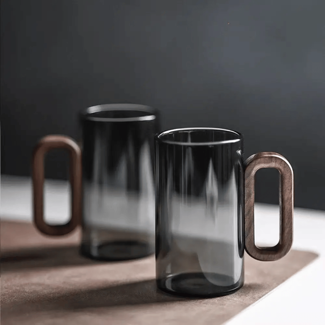 Glazen Mok met Houten Handvat 350ml Scandinavisch Design Thee Koffie Drinkbeker Handgemaakt Keukengerei | Sansoti