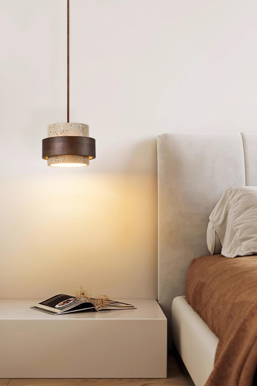 Houten Hanglamp met Travertijn Afwerking – Organische Lichtbron Eetkamer Woonkamer | Sansoti