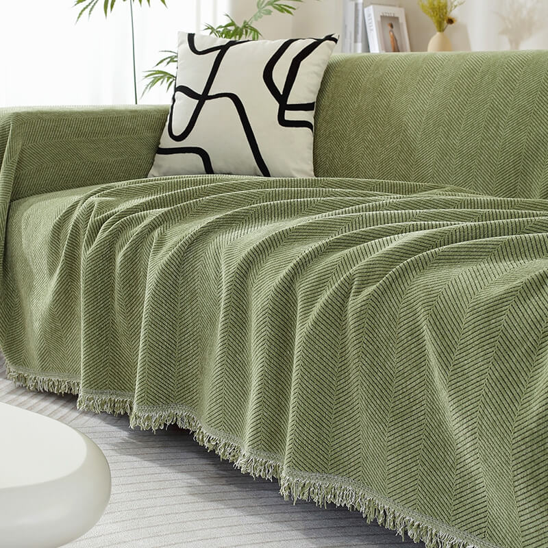 Chenille Plaid met Visgraatpatroon en Kwasten – Zachte Bankdeken 180x130cm – Decoratief Woonkleed voor Sofa | Sansoti