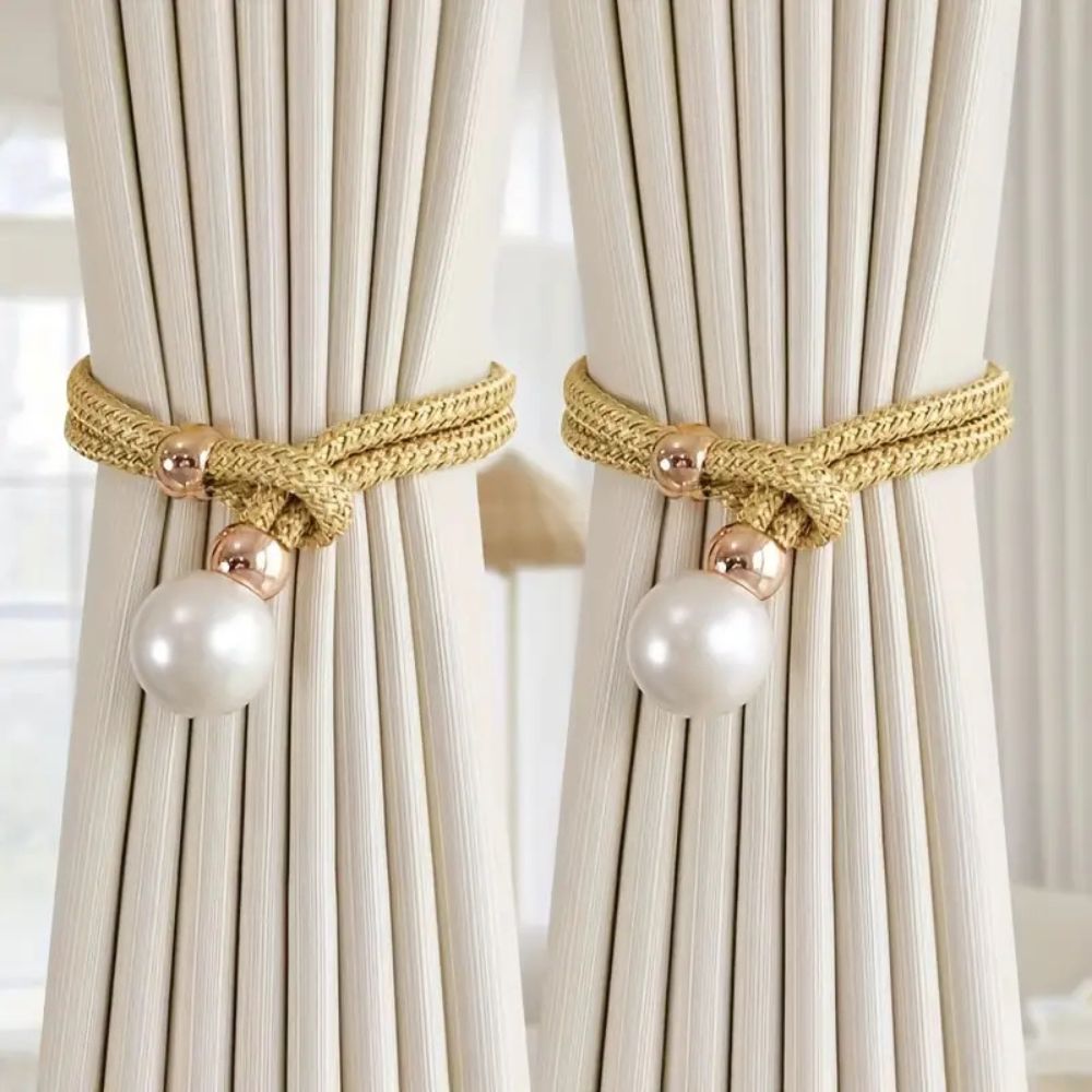 Decoratieve Gordijnomarmers met Parelaccent – Set van 2 Stuks – Verstelbare Touwhouders voor Woonkamer Slaapkamer – Elegante Raamversiering | Sansoti