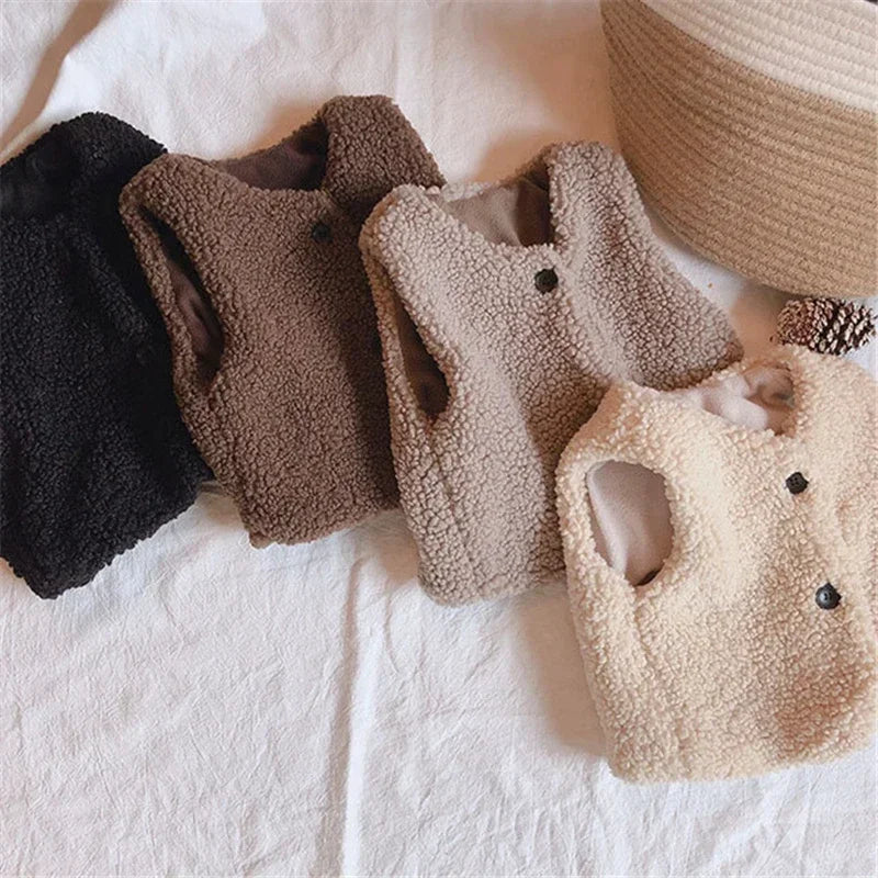 Plush Children's Teddy Faux Fur V-Neck Vest 1-6 Years Boys Girls Autumn Winter Outerwear | Sansoti