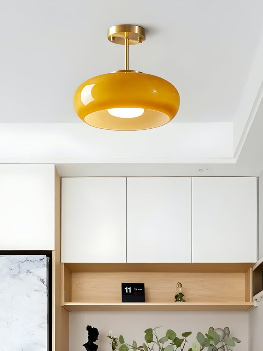 Plafondlamp Glazen Schijf Bauhaus Design Messing of Chroom Oranjegeel of Wit Glas Retro Stijlvolle Verlichting | Sansoti