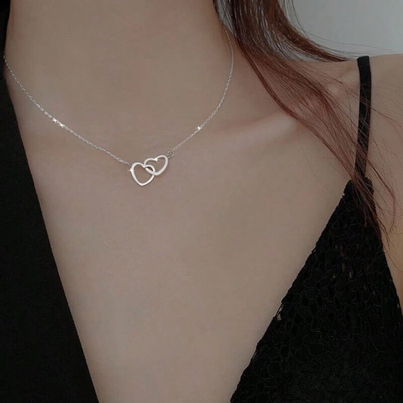 Hartvormige Ketting Twee Harten Titanium Staal Vrouwen Romantisch Sieraad Goud Zilver Rosé Geschenkdoos | Sansoti