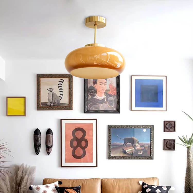 Vintage Plafondlamp van Geel Glas met Messing | Semi-Flush LED Plafondverlichting | Sansoti