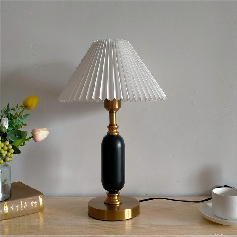 Tafellamp Geplooide Kap Metaal Goud Zwart Wit 28x46cm E12 Slaapkamer Woonkamer Retro | Sansoti