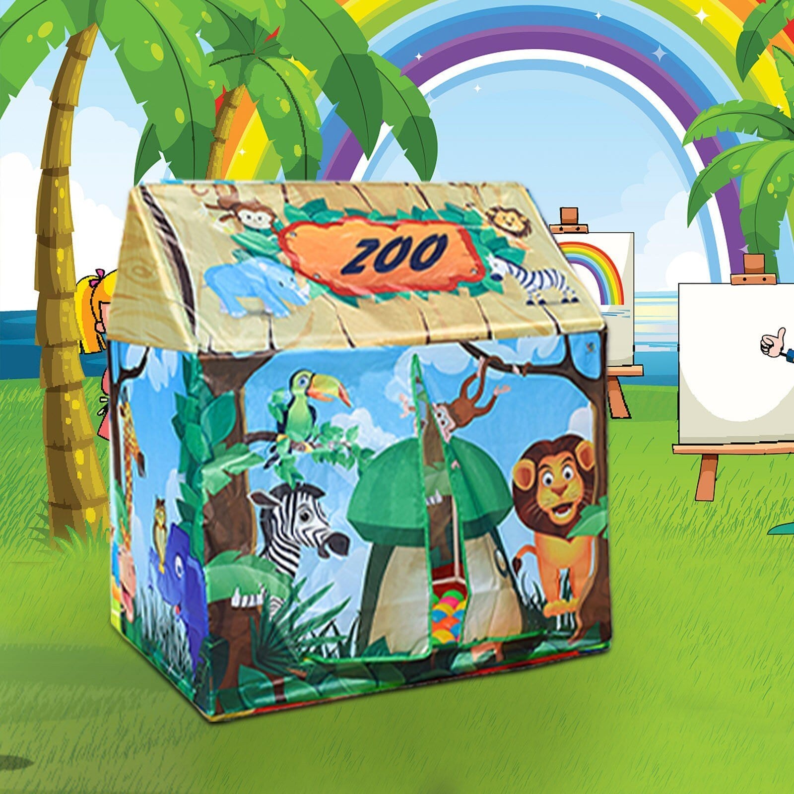 Zabawowy namiot w zoo dla dzieci 93 × 70 × 103 cm, składany domek do zabawy do użytku wewnątrz i na zewnątrz, motyw safari w dżungli | Sansoti