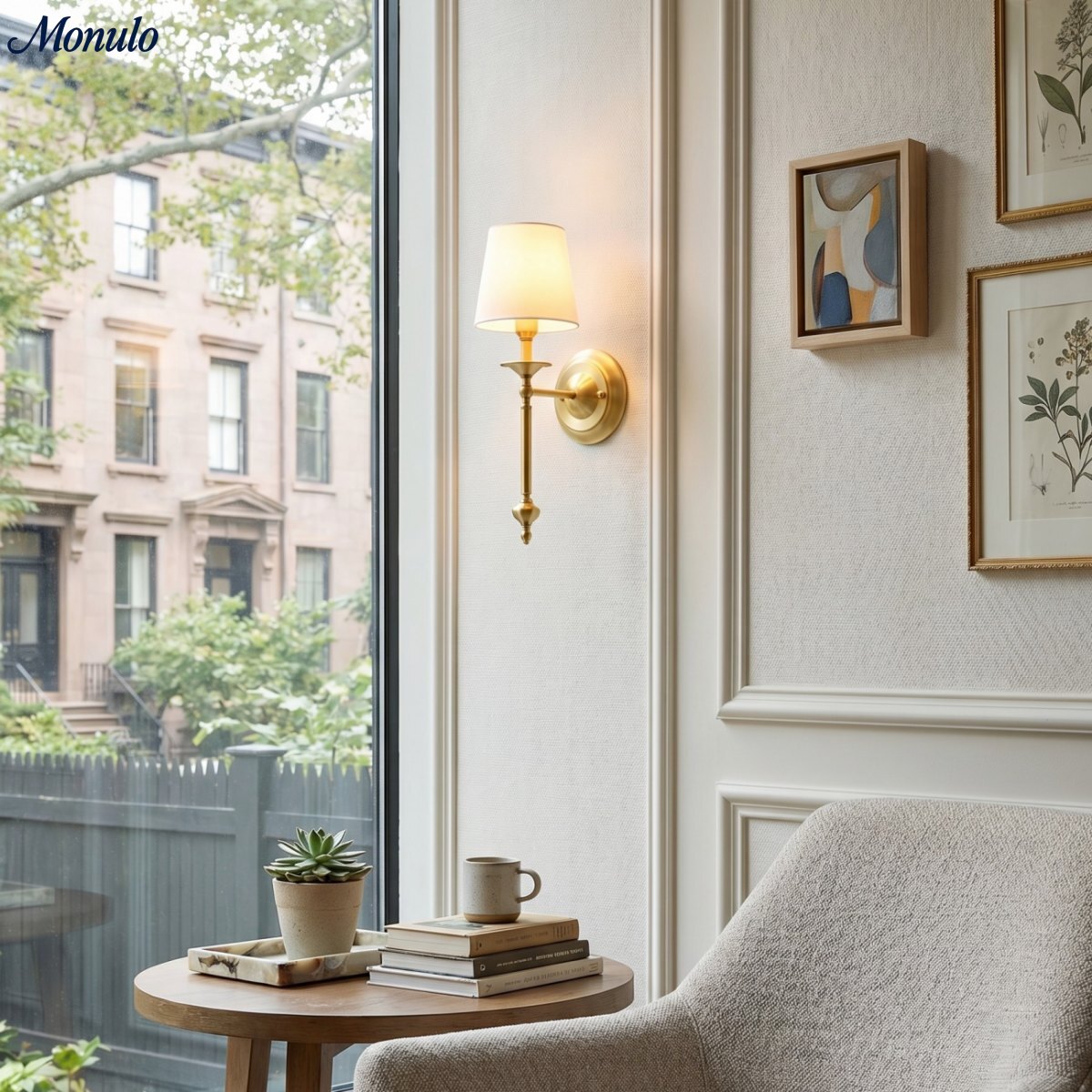 Stoffen Wandlamp met Vintage Koperen Afwerking – Sfeervolle Verlichting voor Hal, Slaapkamer en Woonkamer | Sansoti